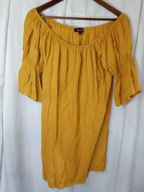 Large Love University Mustard Yellow Off-Shoulder Blouse Peasant Ruffle Flowy